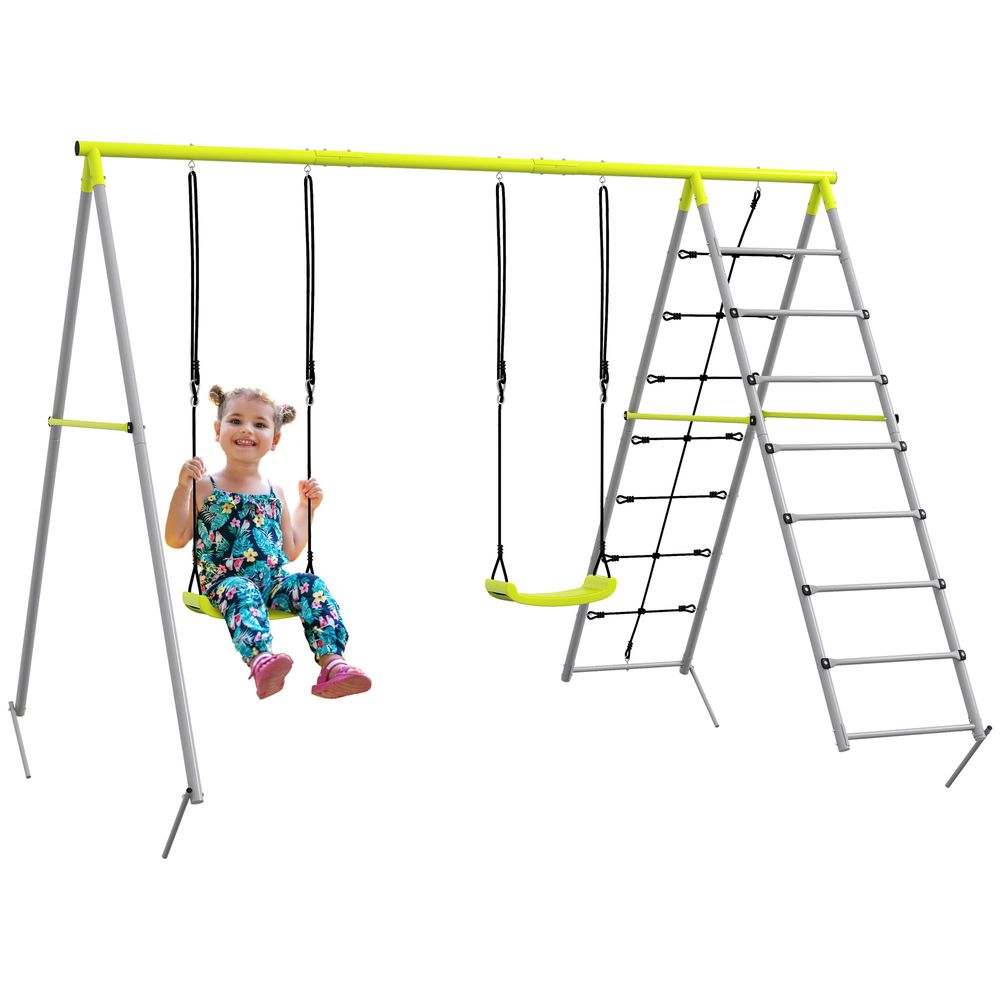 Outsunny 4-in-1 Metal Kids Swing Set with Double Swings Climber Climbing Net
