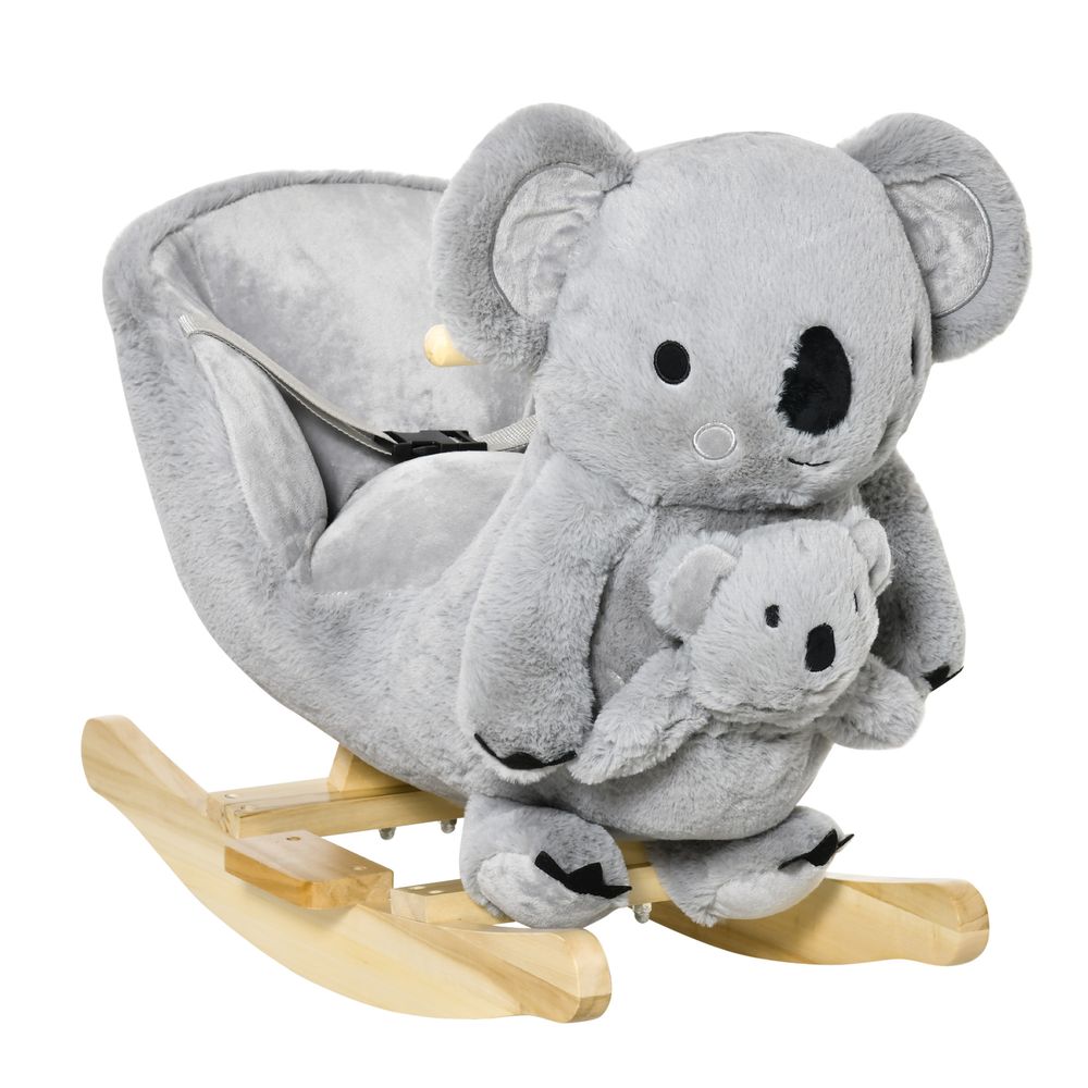 Kids Plush Ride-On Rocking Horse Koala-shaped Toddler Toy with Gloved Doll Grey