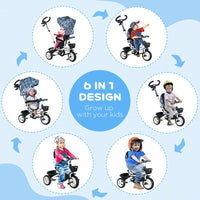 HOMCOM 6 in 1 Trike Tricycle for Toddler 1-5 Years with Parent Handle Light Blue