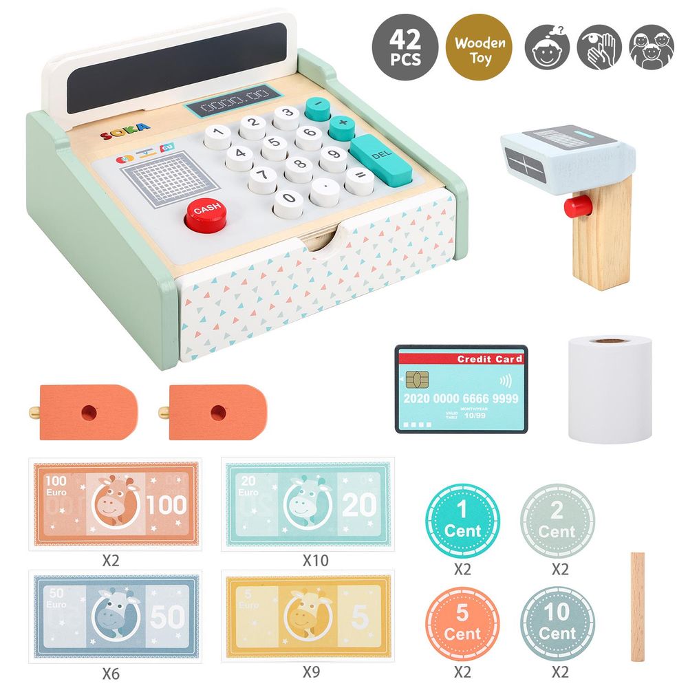 SOKA Wooden New Cash Register Classic Cashier Role Play Supermarket Shopping Checkout Money Till Toy