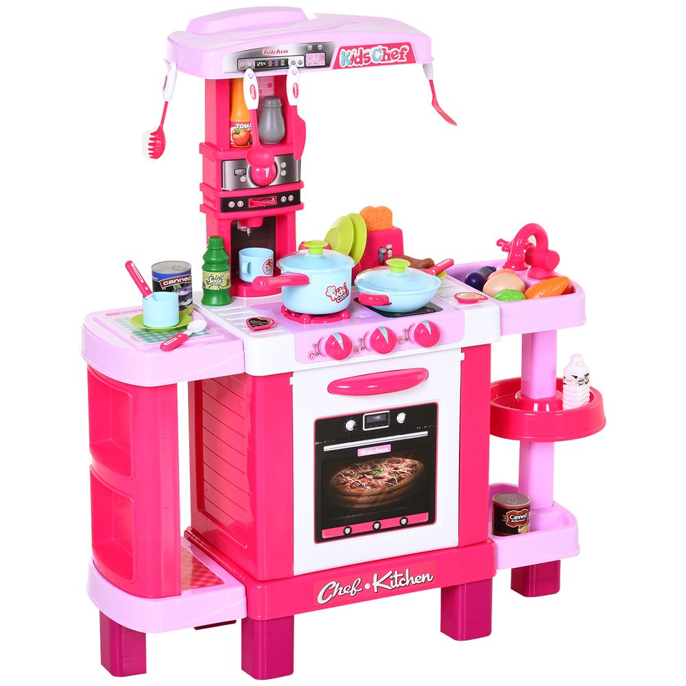 HOMCOM 38-Piece Childrens Kitchen Play Set Realistic Sounds Lights Food Pink