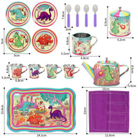 SOKA 18 Pcs Dinosaur Metal Tin Kids Teapot Tea Party Set Carry Case Toy Pretend Role Play