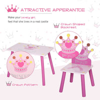 HOMCOM 3 Pcs Kids Princess & Crown Chair Table Set Home Furniture 2-4 Yrs Pink