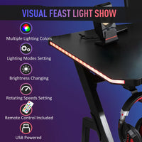 HOMCOM Gaming Desk Racing Ergonomic Workstation with RGB LED Lights Hook Black