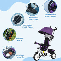 HOMCOM 6 in 1 Kids Trike Tricycle Stroller with Parent Handle Purple
