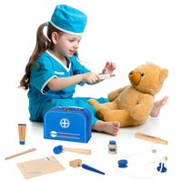SOKA 10 pcs Wooden Doctor Set for Kids with Portable Medical Carry Case Blue