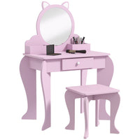 
              ZONEKIZ Kids Dressing Table Cat Design with Mirror Stool Drawer Storage Boxes
            