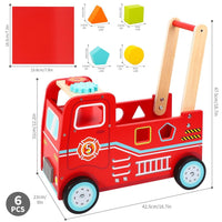 SOKA Wooden Fire Engine Rider and Push Along Toy Shape Blocks Activity Toddler Walker 1+