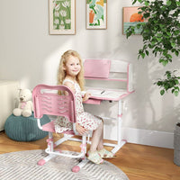 ZONEKIZ Height Adjustable Kids Desk and Chair Set with Drawer Bookshelf Pink