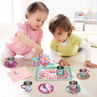 SOKA 18 Pcs Unicorn Metal Tin Kids Teapot Tea Party Set Carry Case Toy Pretend Role Play