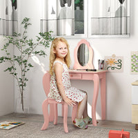 ZONEKIZ Kids Dressing Table with Mirror Stool Drawer Cute Animal Design Pink