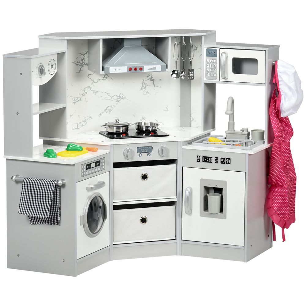 AIYAPLAY Toy Kitchen Playset with Running Water, Apron and Chef Hat - Grey