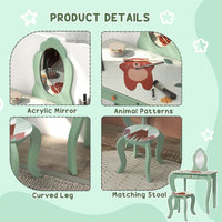 ZONEKIZ Kids Dressing Table with Mirror Stool Drawer Cute Animal Design Green