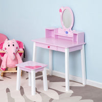 HOMCOM Kids Dressing Table and Stool Set Make Up Desk with Storage Pink
