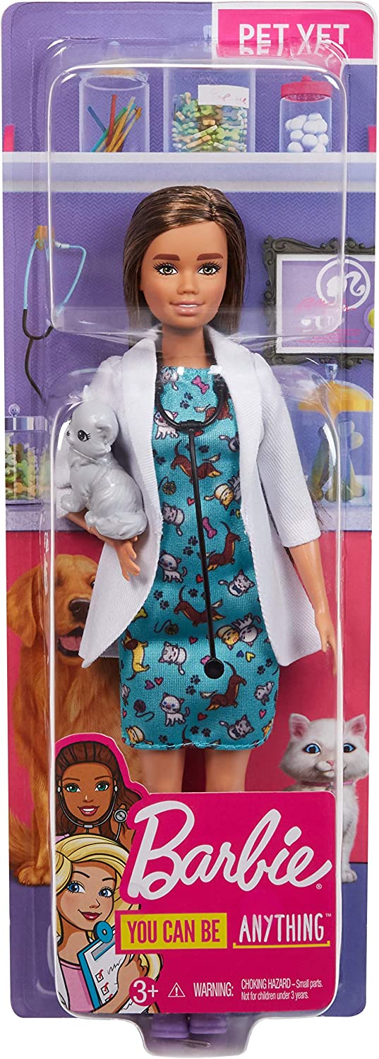 Barbie Pet Vet Brunette Doll with Career Pet-Print Dress, Medical Coat, Shoes and Kitty