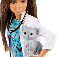 Barbie Pet Vet Brunette Doll with Career Pet-Print Dress, Medical Coat, Shoes and Kitty